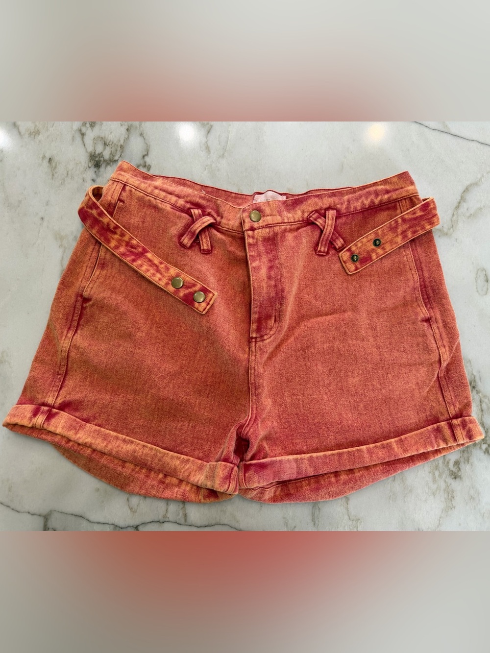 Gilded Intent Washed Coral-Red Denim Shorts